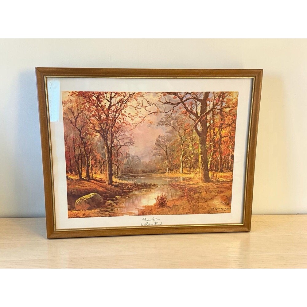 Vtg Robert Wood Art Lithograph October Morn Landscape Wood Framed Print 1950s